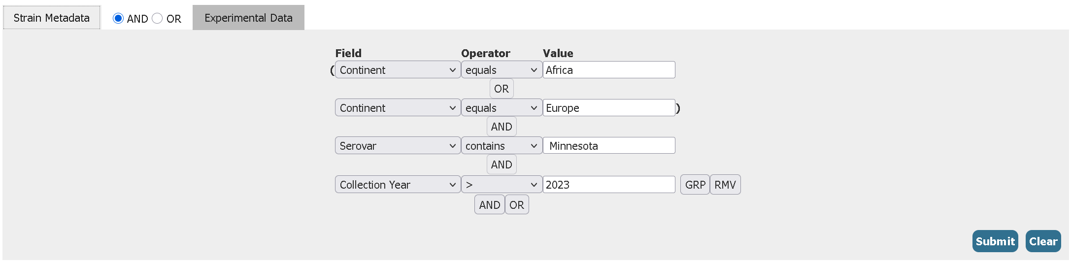 Filters in the Strain Metadata tab